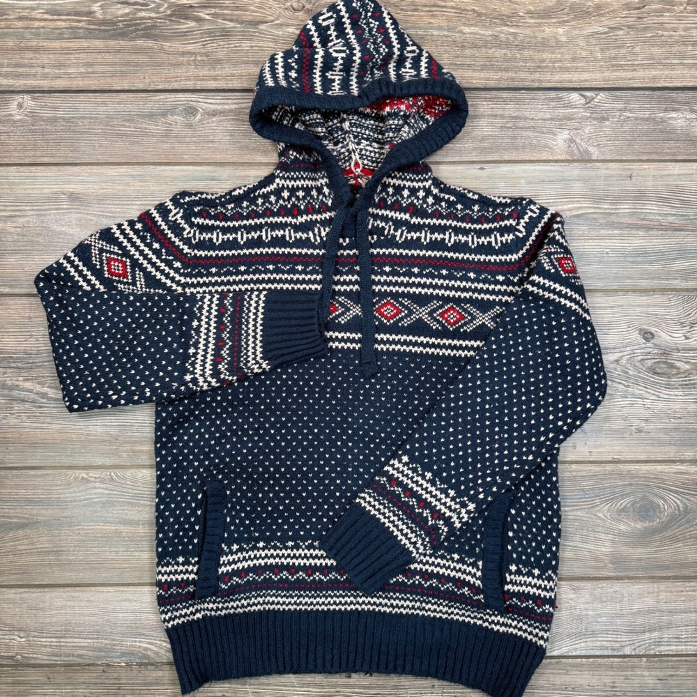 American Eagle Outfitters Mens Fair Isle Knit Hoodie Navy White Red Size Large